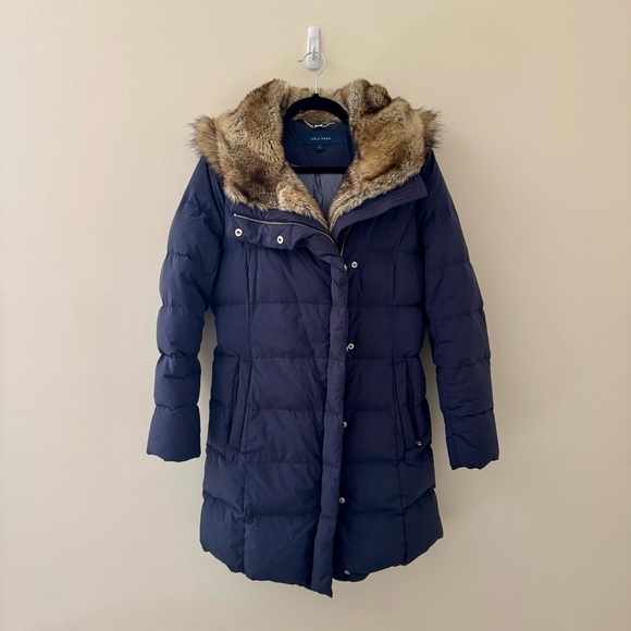 Cole Haan Navy Women's Down Zip Front Faux Fur Coat - Picture 1 of 5